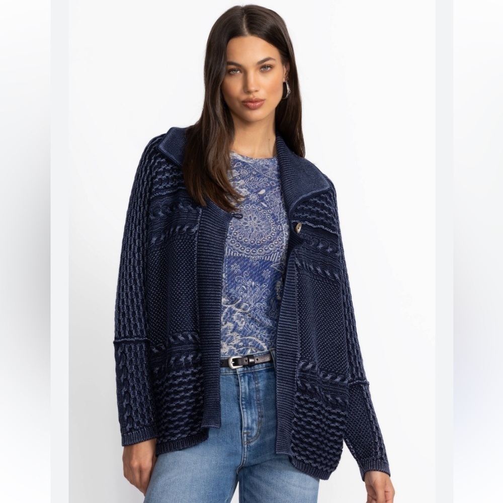 Johnny Was The Knit Blocked Cardigan Blue Cotton Textured Knit Size S